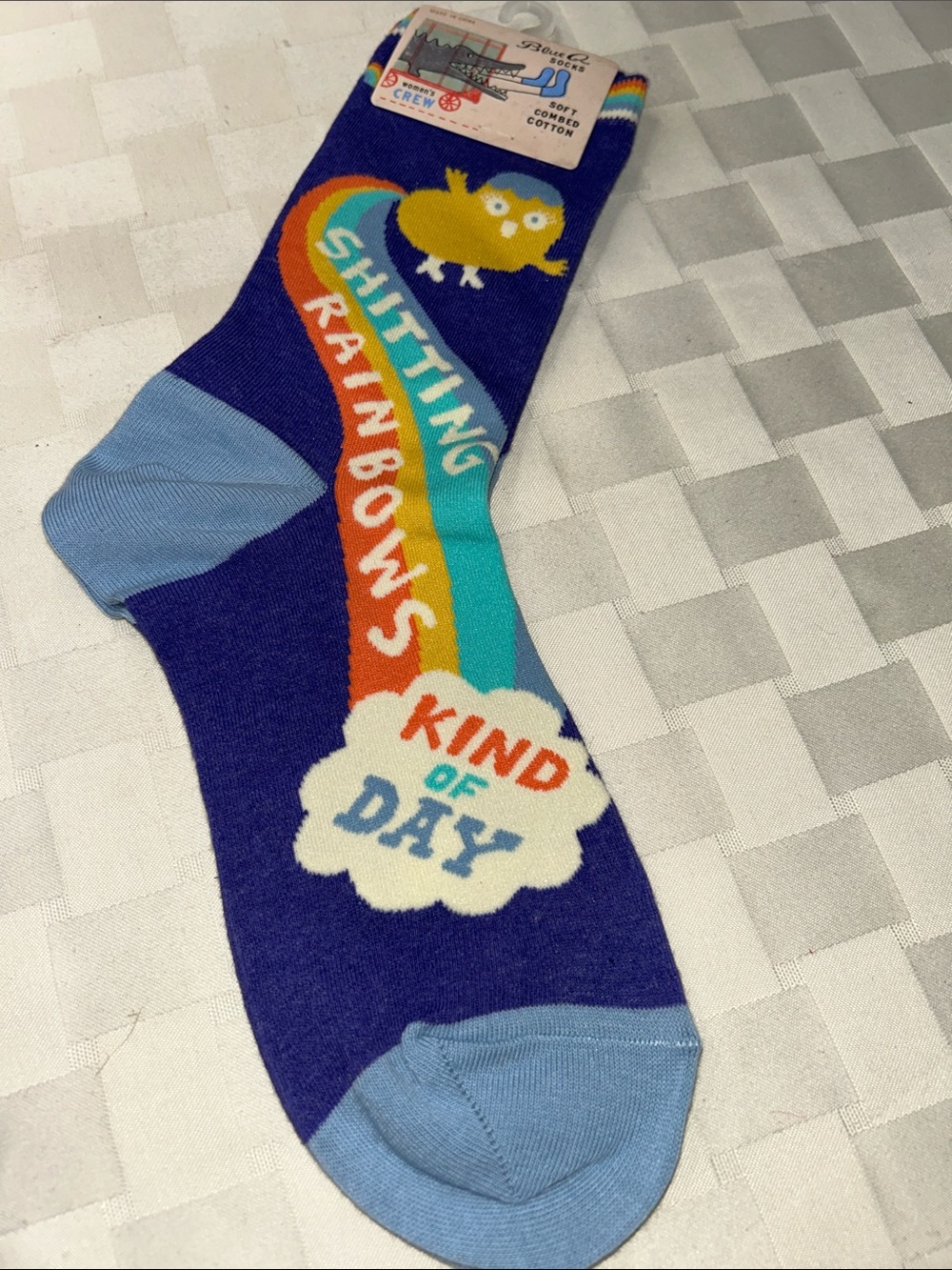 Blue Q Purple Crew Socks with Rainbow Graphic and Light Blue Accents